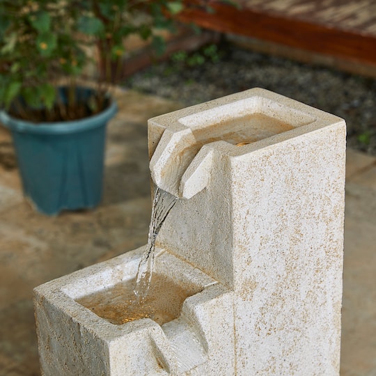 Glitzhome® 34" 4-Tier Faux Terrazzo Geometric Square Column Outdoor Fountain with LED Light